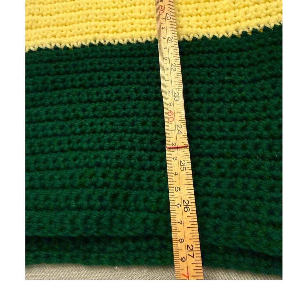 Handmade Crochet Baby Blanket Forest Green Pale Yellow Striped Stroller Throw